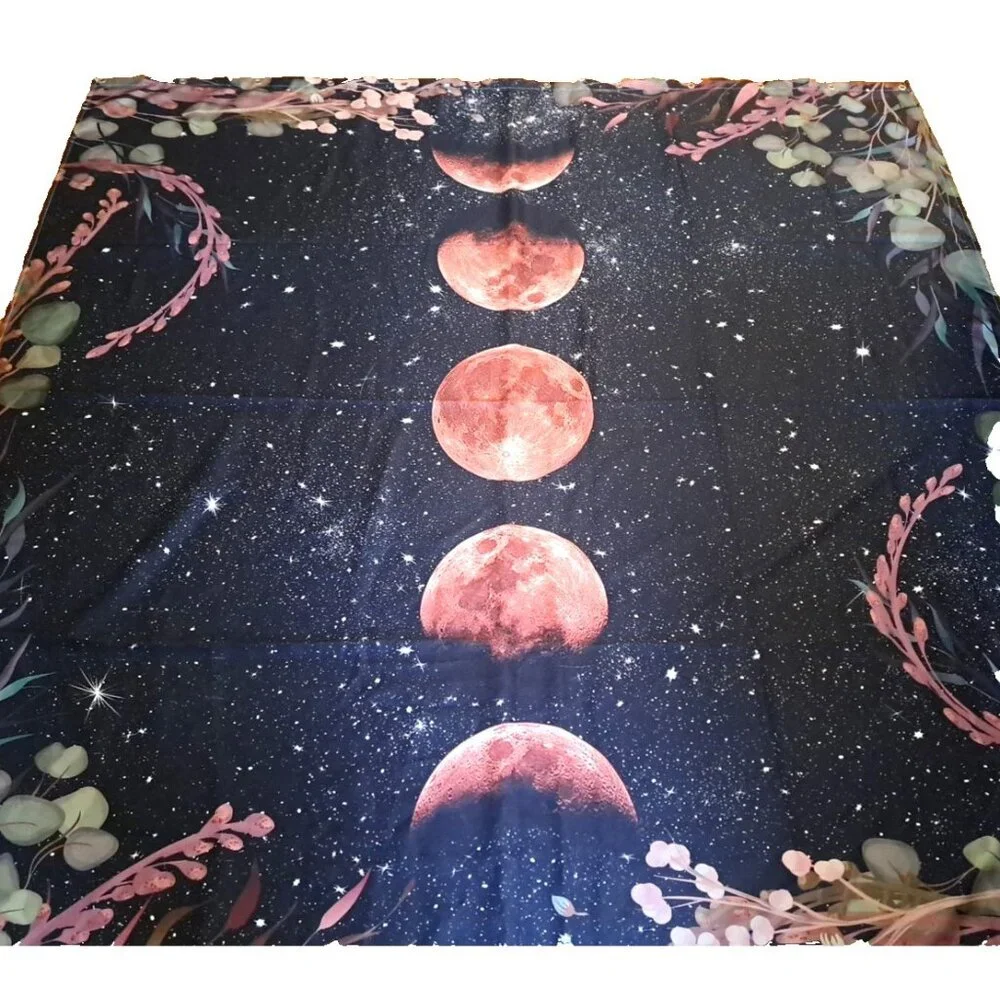 Moon Phase Fabric Shower Curtain Black Pink Floral Edge Celestial Mystical